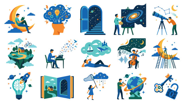 Flat Design Icons: Creative Mind, Space Exploration, Music, Learning, Achievement