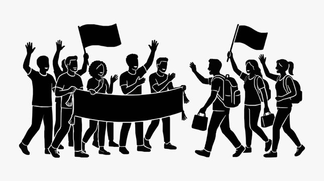 Silhouette of protest march with banners and flags.