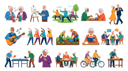 Fototapeta premium Active Senior Lifestyle Flat Vector Illustration Set: Elderly People Enjoying Hobbies Leisure Activities