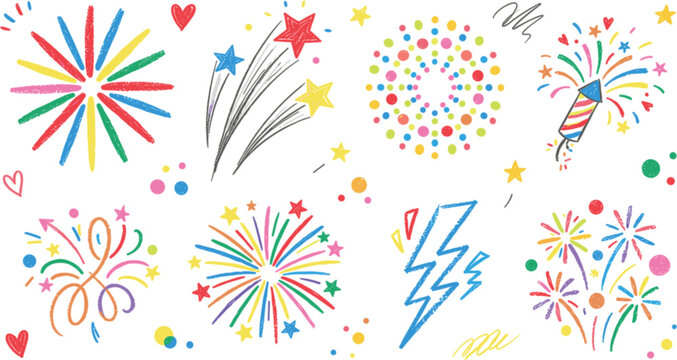 Hand drawn crayon firework doodles and festive celebration element stickers