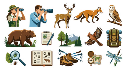 Obraz premium Flat Art Outdoor Nature Wildlife Exploration Icons Set Vector