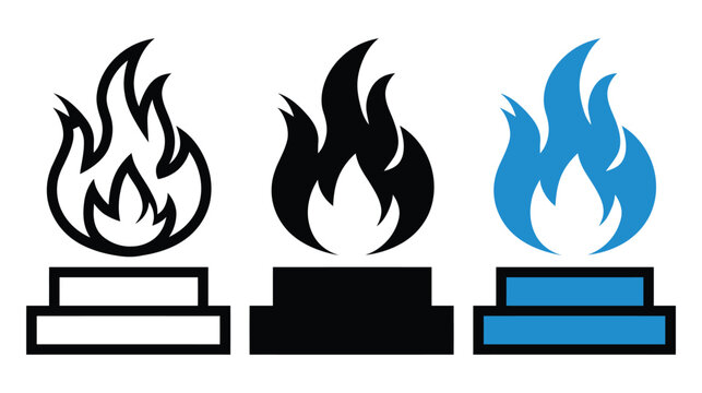 Flame icon set with three different colored fire symbols and pedestals