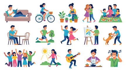 Fototapeta premium Flat Vector Lifestyle Activities Illustration Set: People Enjoying Hobbies, Family Time Daily Wellness