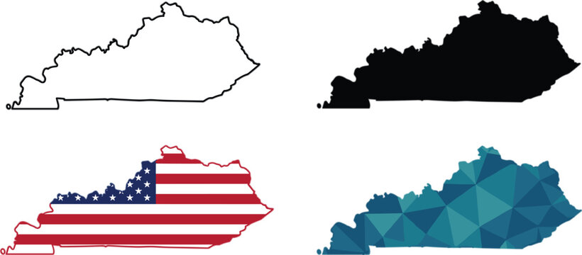 Kentucky State Map Outline Silhouette And American Flag Vector Set