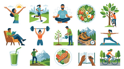 Fototapeta premium Healthy Lifestyle Flat Vector Illustrations: Wellness, Exercise, Nutrition, Nature, and Mental Health Activities