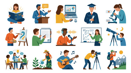 Fototapeta premium Diverse People in Flat Style Illustrating Education, Science, Art, Music Career Paths