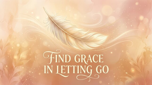 Inspirational Message Find Grace In Letting Go with a Floating Feather on a Soft, Bokeh Background