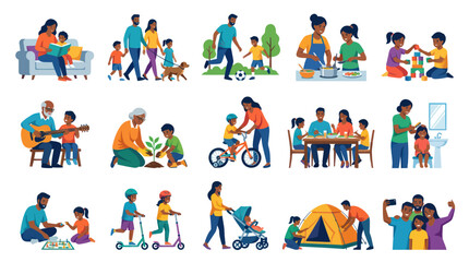 Fototapeta premium Family Activities Flat Design Vector Illustration Set: Daily Life, Parenting Childhood Bonding Moments