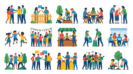 Fototapeta premium Diverse Community Activities Flat Design Vector Illustration: Volunteering, Socializing Teamwork
