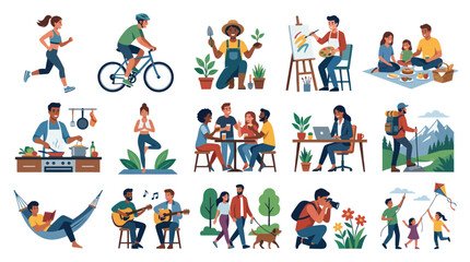 Fototapeta premium Happy people enjoying diverse hobbies and outdoor activities, flat vector illustration