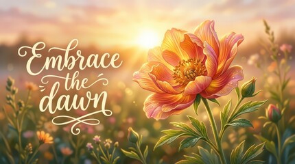 Fototapeta premium Embrace the dawn floral calligraphy with a beautiful blooming flower at sunrise, symbolizing new beginnings and hope.