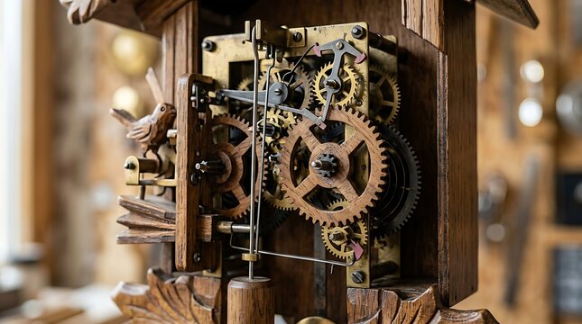 Intricate wooden clockwork mechanism of a vintage cuckoo clock
