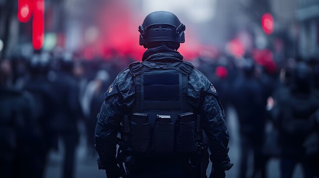 Police officer in full riot gear facing a tense crowd during urban protest scene. Back view, dark tones, red light glow, high tension atmosphere. Urban conflict moment captured.