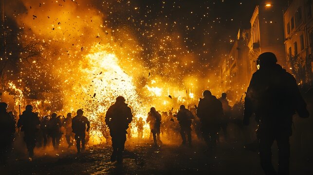 Chaotic urban protest scene with demonstrators clashing against police under fiery explosions and flying debris, capturing raw tension and unrest in a city street at night.