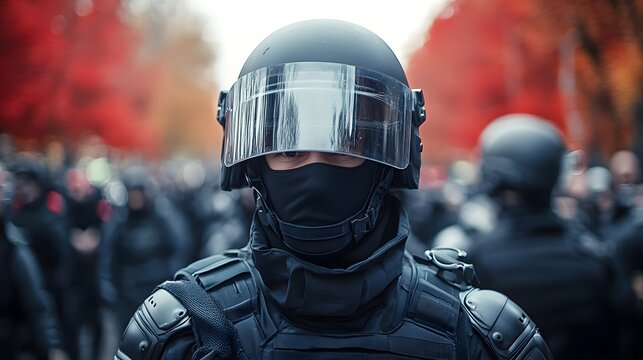 Police officer in full riot gear facing a tense crowd during protest, focused expression, autumn trees blurred in background, high contrast lighting emphasizing authority.