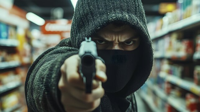 Masked robber holding gun inside convenience store with tense expression and blurred shelves background capturing suspenseful robbery moment for crime thriller or action film use.