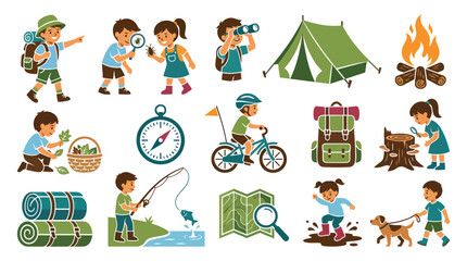 Fototapeta premium Kids Nature Exploration, Camping, and Outdoor Activities Flat Vector Illustration Set with Children and Gear