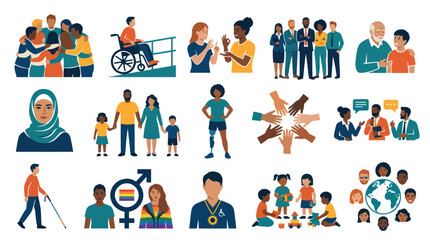 Fototapeta premium Modern Flat Vector Illustration Set Depicting Diversity, Inclusion, Equality, and Social Awareness with Diverse People