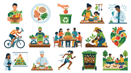 Fototapeta premium Healthy Lifestyle Flat Vector Illustrations: Nutrition, Fitness, Wellness, and Sustainable Living Concepts