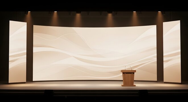 Empty stage with podium and large screen in conference hall