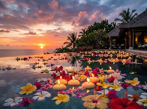 Serene Tropical Sunset Over Infinity Pool with Floating Flowers and Candles.