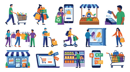 Fototapeta premium Flat Style Icons of Online Shopping, Retail, and E-commerce Activities