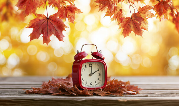 Vintage alarm clock on wooden table during autumn sunrise. Retro timepiece surrounded by colorful fallen leaves in golden morning light.