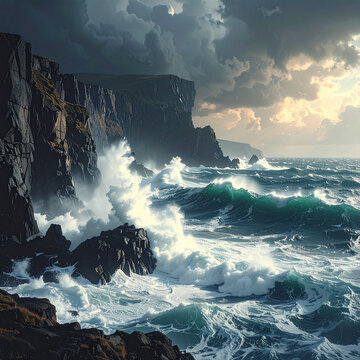 Ocean waves crashing cliffs stormy weather