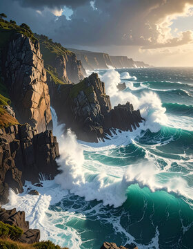Ocean waves crashing coastal cliffs