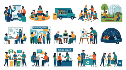 Fototapeta premium Community, Education, and Volunteering Flat Vector Illustration Set for Social Engagement Learning