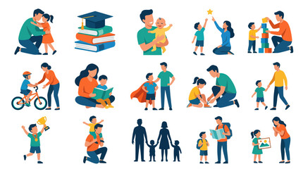 Fototapeta premium Flat Vector Illustration Set of Family, Parenting, Education Childcare Concepts with Parents and Children