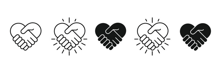 Handshake icon set featuring agreement, contract, and hands holding a heart symbols, editable vector graphics for business ©   