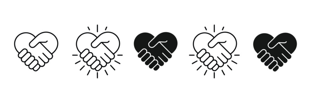 Handshake icon set featuring agreement, contract, and hands holding a heart symbols, editable vector graphics for business