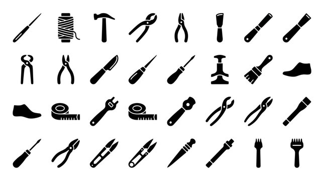 Shoemaking and leathercraft tools icons set, shoe repair equipment vector symbols including awl thread hammer pliers knife tape measure chisel isolated