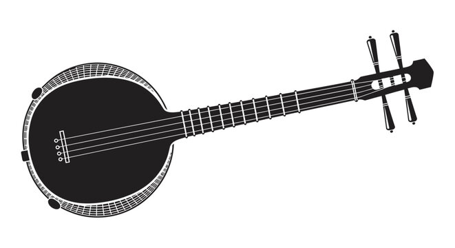 Round stringed musical instrument with long neck and tuning pegs