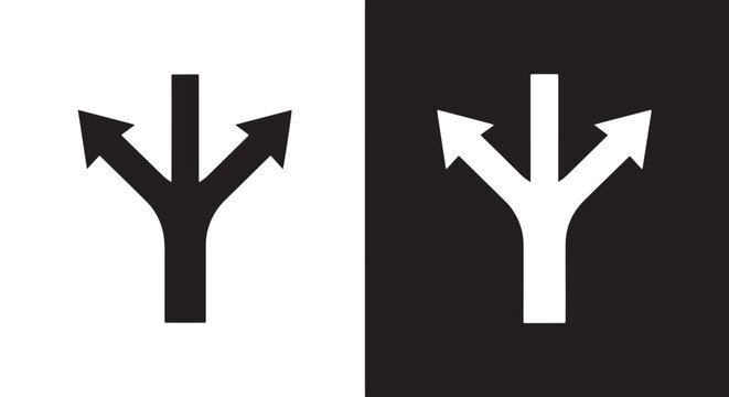 Y junction road sign flat design vector illustration: Glyph and solid icon set - Icon vector - logo icons. Blue, Black and white icons