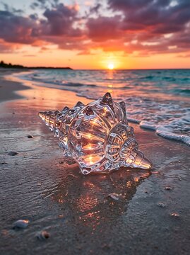 Seashell on a Sandy Beach at Sunset with Ocean Waves.