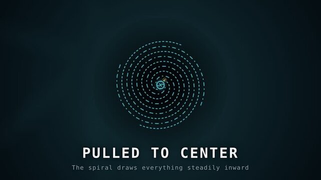 Dark whirlpool spiraling water toward its center with Pulled To Center text overlay. Minimalist 3D motion graphics animation. Concept background for conceptual themes and scientific presentations
