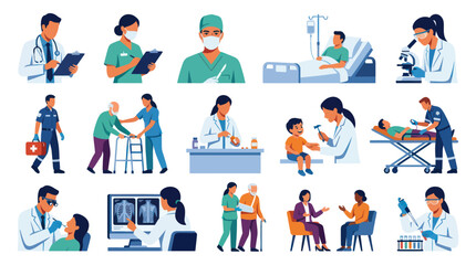 Fototapeta premium Medical Healthcare Professionals and Services Modern Flat Vector Illustration Set: Doctors, Nurses, Patients Clinic Scenes