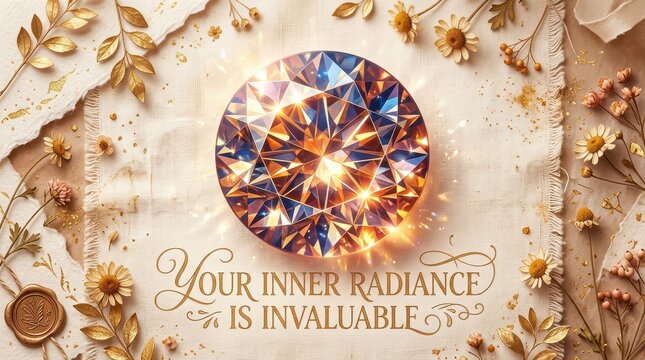 Luxurious Diamond Centerpiece with Golden Floral Accents and Inspirational Text: Your Inner Radiance Is Invaluable