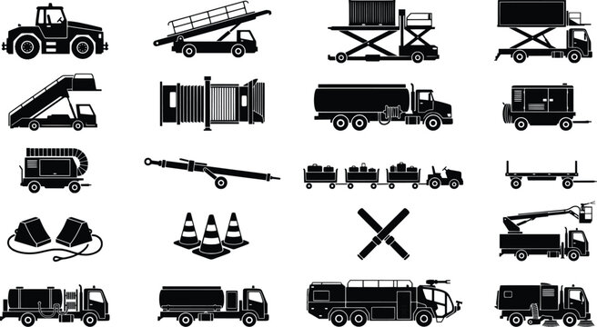 Airport Ground Operations Equipment Black Vector Silhouette Collection