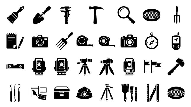 Archaeology land surveying equipment icons set, field research tools vector symbols including total station theodolite trowel brush tape measure camera compass helmet level tripod, isolated