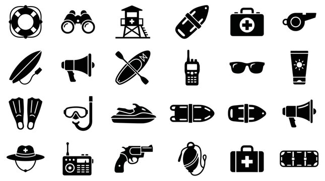 A collection of 24 black and white vector icons representing various lifeguard and water safety equipment and tools.