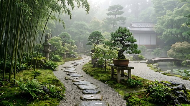 Misty Japanese Garden Path with Bonsai Trees and Lush Greenery.
