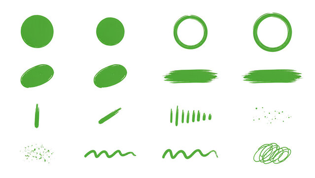Collection of various green ink brush strokes circles messy marks on white background for design elements abstract artistic watercolor handwritten