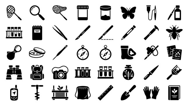 Collection of scientific and outdoor exploration equipment icons, including nets, magnifying glasses, specimen jars, and tools for observation and collection.