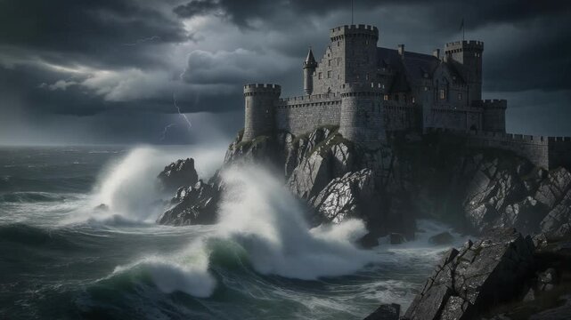 Majestic stone castle on jagged rocks, fierce ocean waves crashing below, stormy skies and lightning illuminating scene