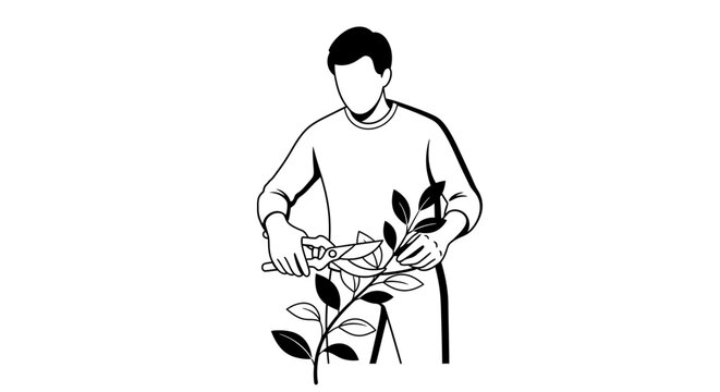 Person pruning plant with secateurs outdoors concept illustration