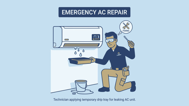 emergency ac repair technician illustration or emergency air conditioning service visual with repair process or repair technician fixing ac unit in a cartoon style