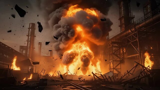 Massive explosion erupts dark industrial factory, sending flames and debris into air, creating dramatic chaos and destruction